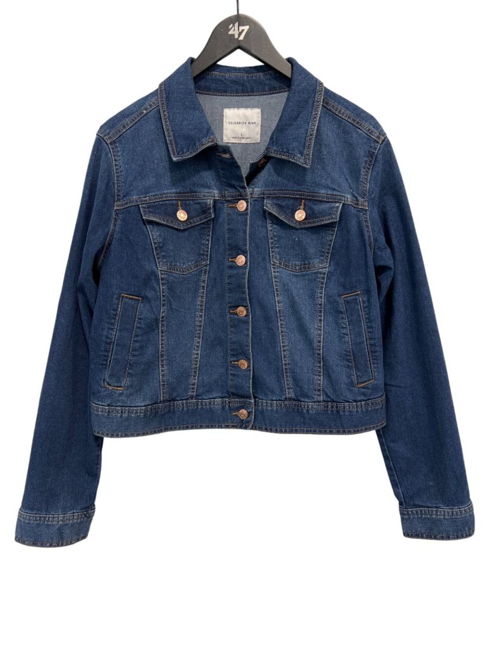Celebrity Pink Denim Trucker Jacket Large Button Front Blue Dark Wash Retro Y2K